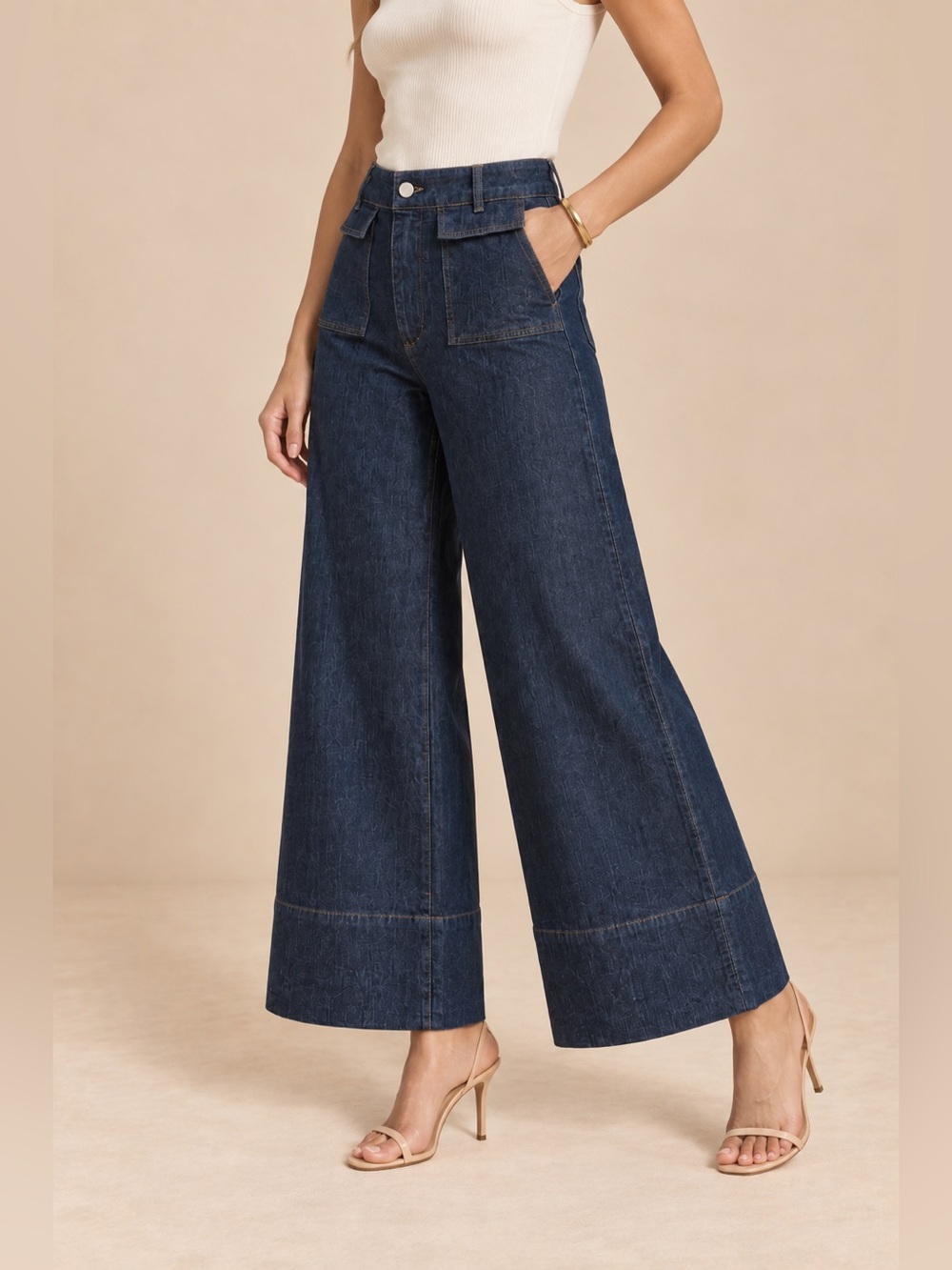 Zara Y2K Dark Wash High Rise Palazzo Wide Leg Patch Pocket Jeans 26” Inseam Crop